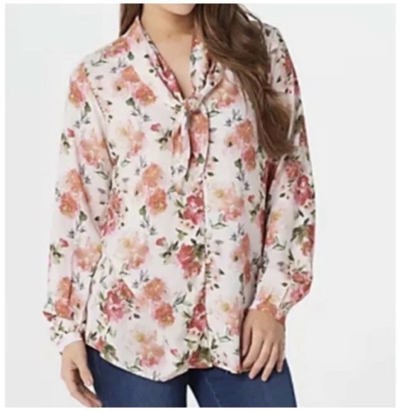 NEW Tolani Collection Womens Julie Blouse Sz Medium Neck Tie Sand Floral Button - Picture 1 of 6